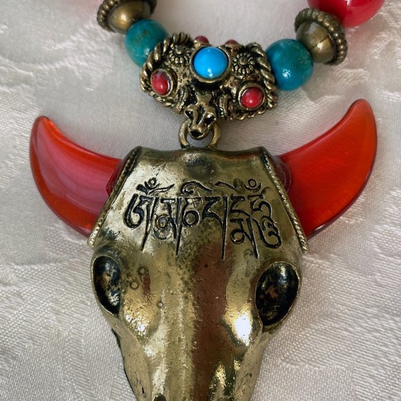 Tibetan Necklace Yak Head, Red Horns, Red and Turquoise Color Beads, Wood Beads - Picture 5 of 9